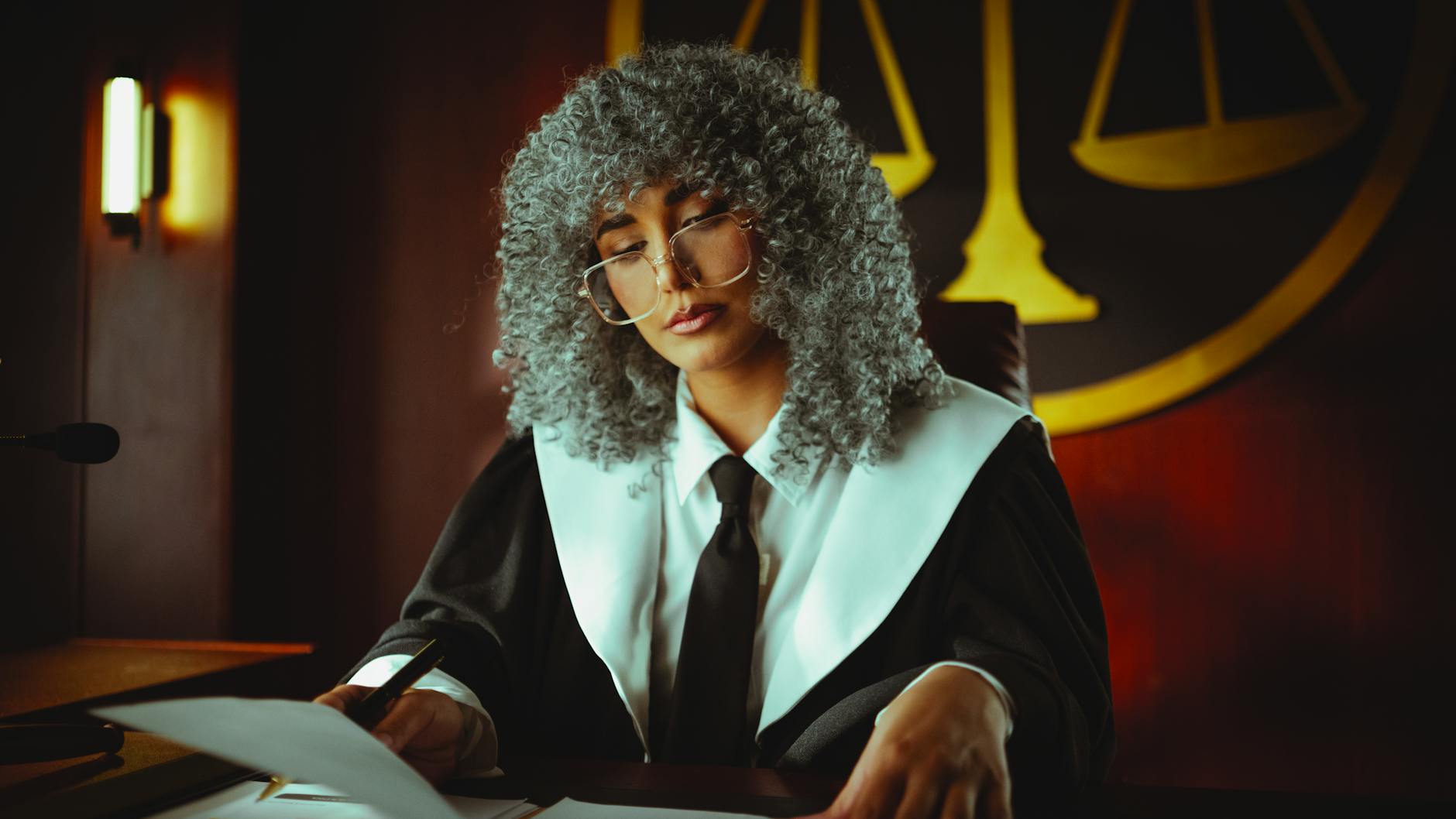 Judge reviewing documents in a courtroom with balance scales symbol in Baghdad, Iraq.