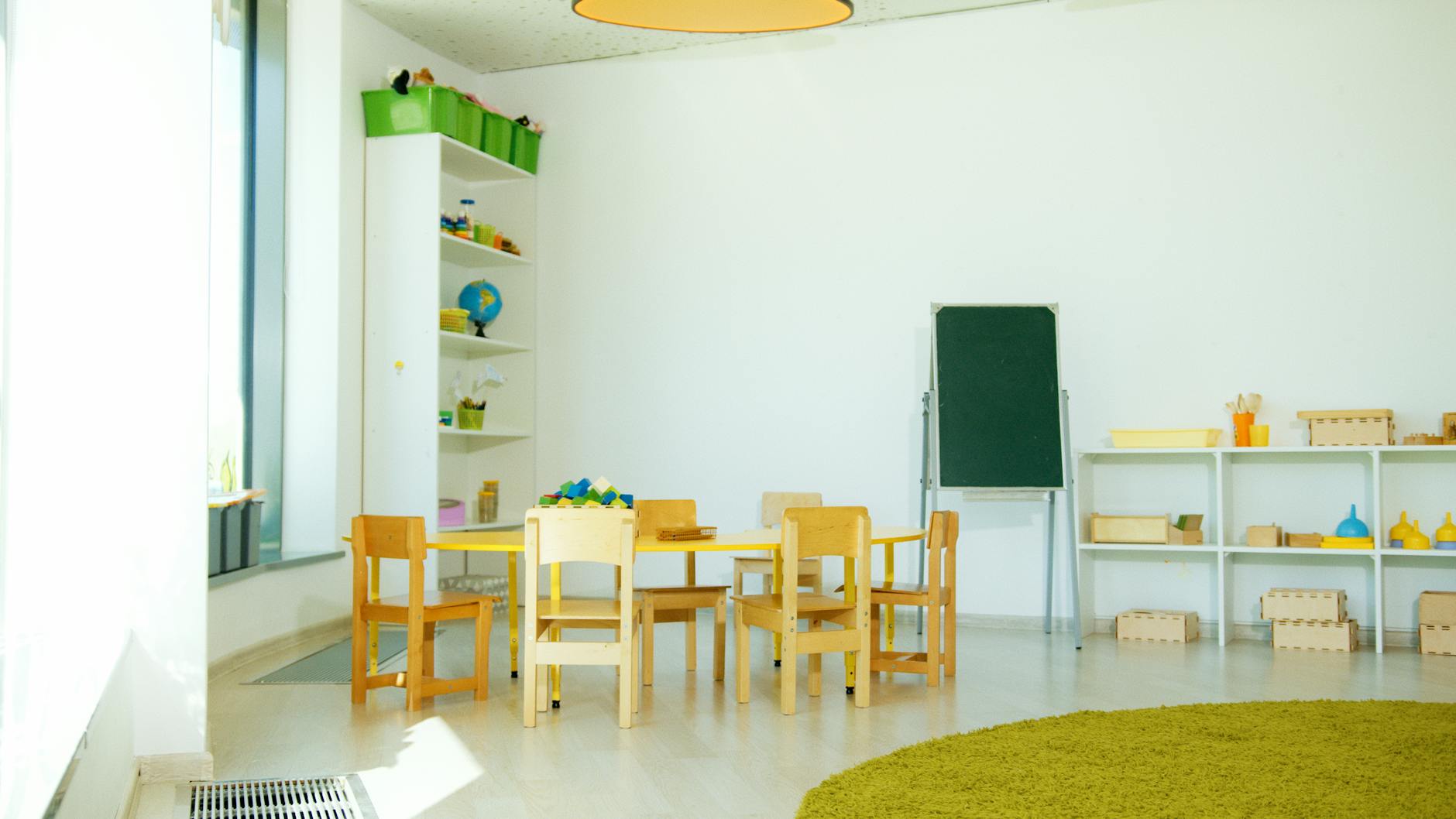Bright, colorful kindergarten classroom with learning materials